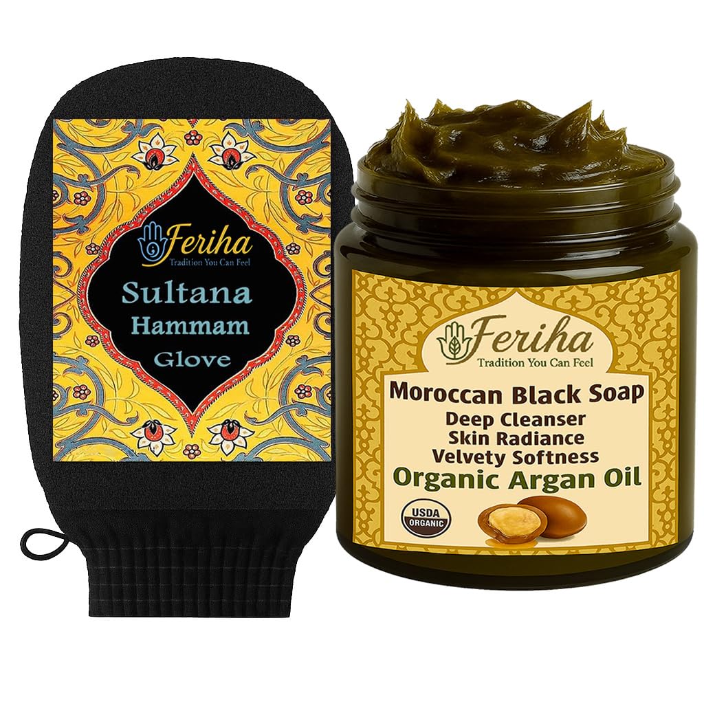FERIHA Moroccan Argan Oil Black Soap + Original Kessa Exfoliating Mitt – Authentic Hammam Skincare Duo for Deep Cleansing, Nourishment, and Radiant Skin