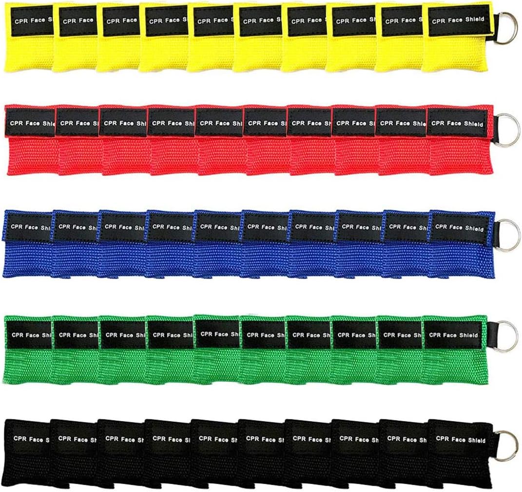 Set of 50 CPR Mask, Disposable CPR Shield Mask Emergency Mask Key Chain Ring ,with One-Way Valve Breathing Barrier for First Aid or AED Training (Colorful-50PCS)