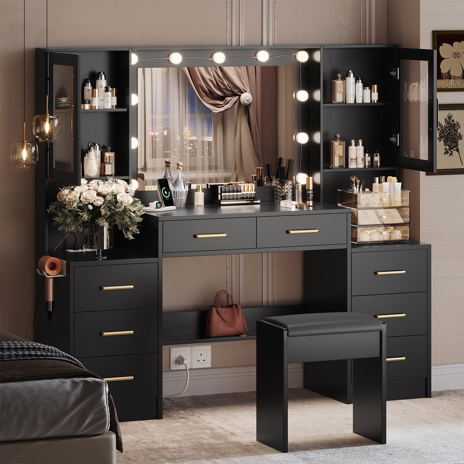 Black Vanity Desk with Mirror, Lights & Charging Station, 58.3" 3 Lighting Modes Makeup Desk with 8 Drawers, 2 Cabinets and Lots Storage, Dressing Table Vanity Set with Lighted Mirror