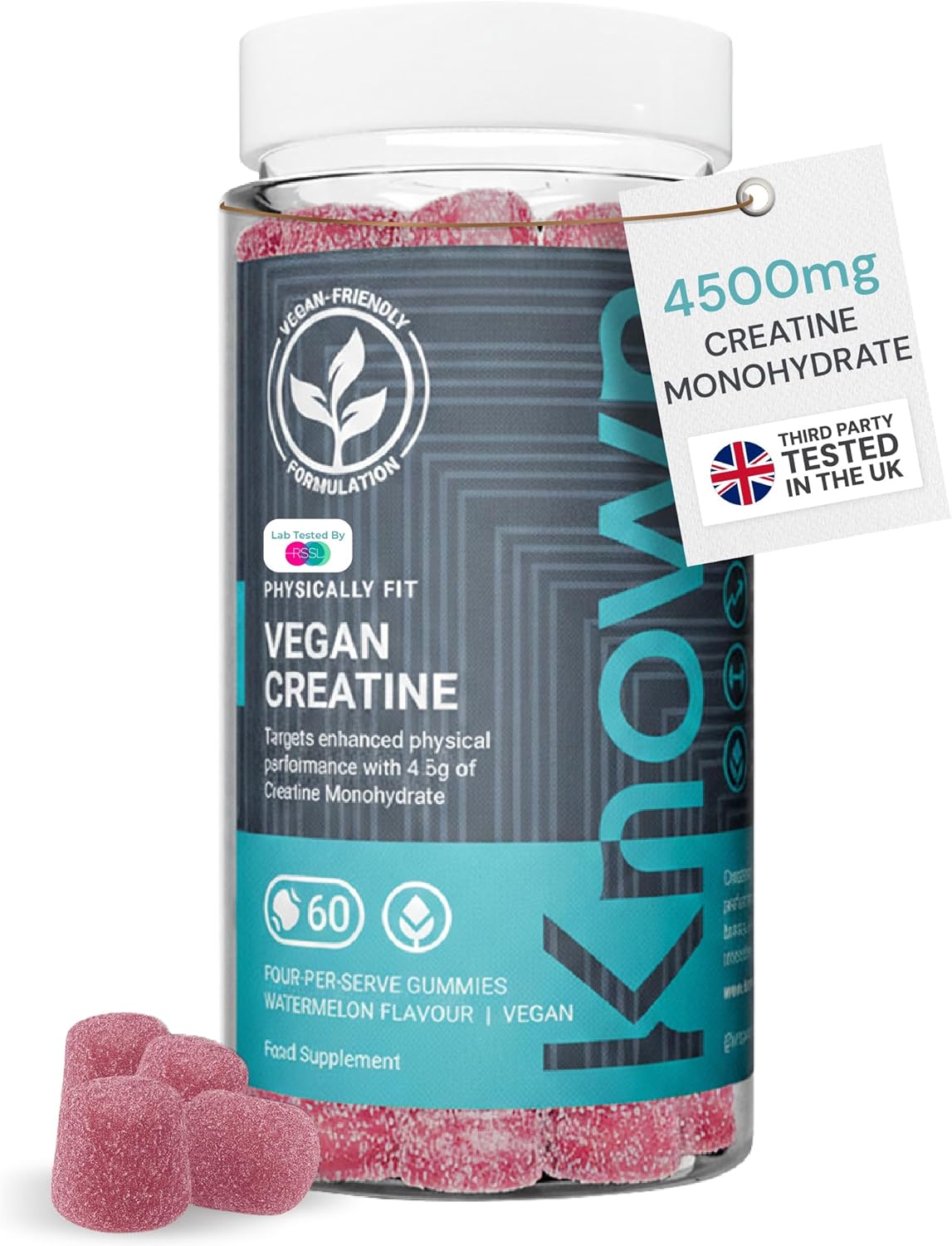Known Vegan Creatine Gummies – 4500mg Creatine Monohydrate – Watermelon Flavour – 60 Gummies 15 Days Supply – Third-Party Tested – Vegan Friendly