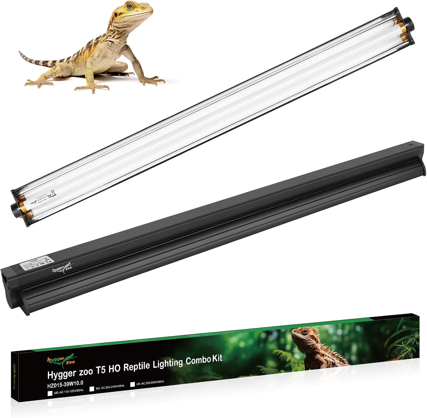 T5 UVB Reptile Light Fixture Combo Kit 39W 88cm/34" 10.0 UVB Light Reptile | Desert Reptile Lamp Vivarium D3 +reptile T5 lamp 10% uvb with reflector for Bearded Dragon Tortoise Lizard Leopard Gecko Tank