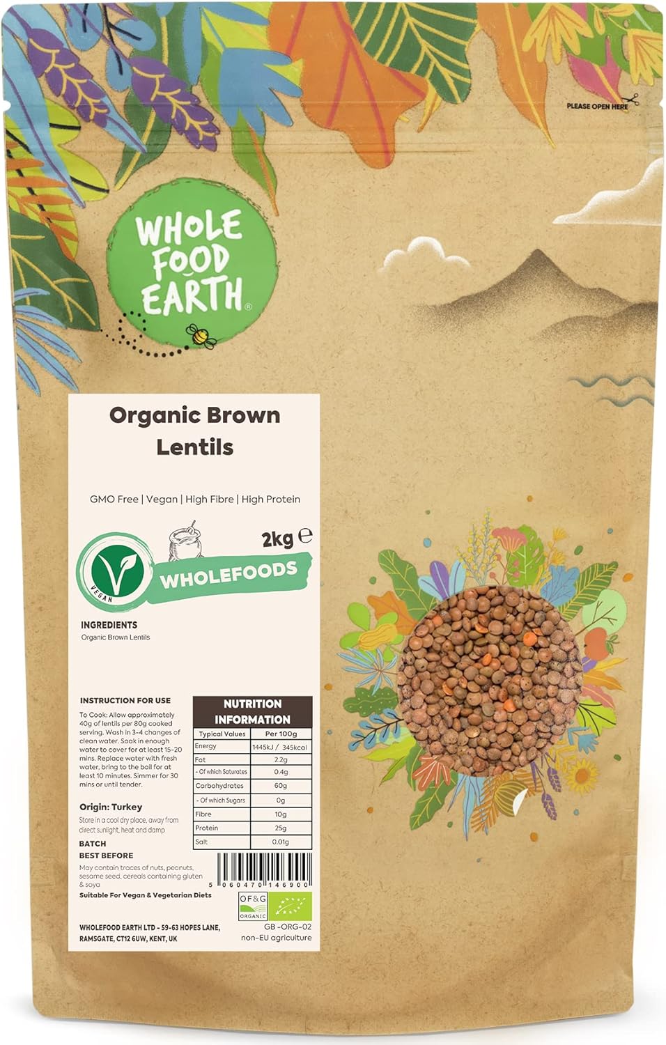 Wholefood Earth Organic Brown Lentils 2kg GMO Free | Vegan | High Fibre | High Protein | Certified Organic