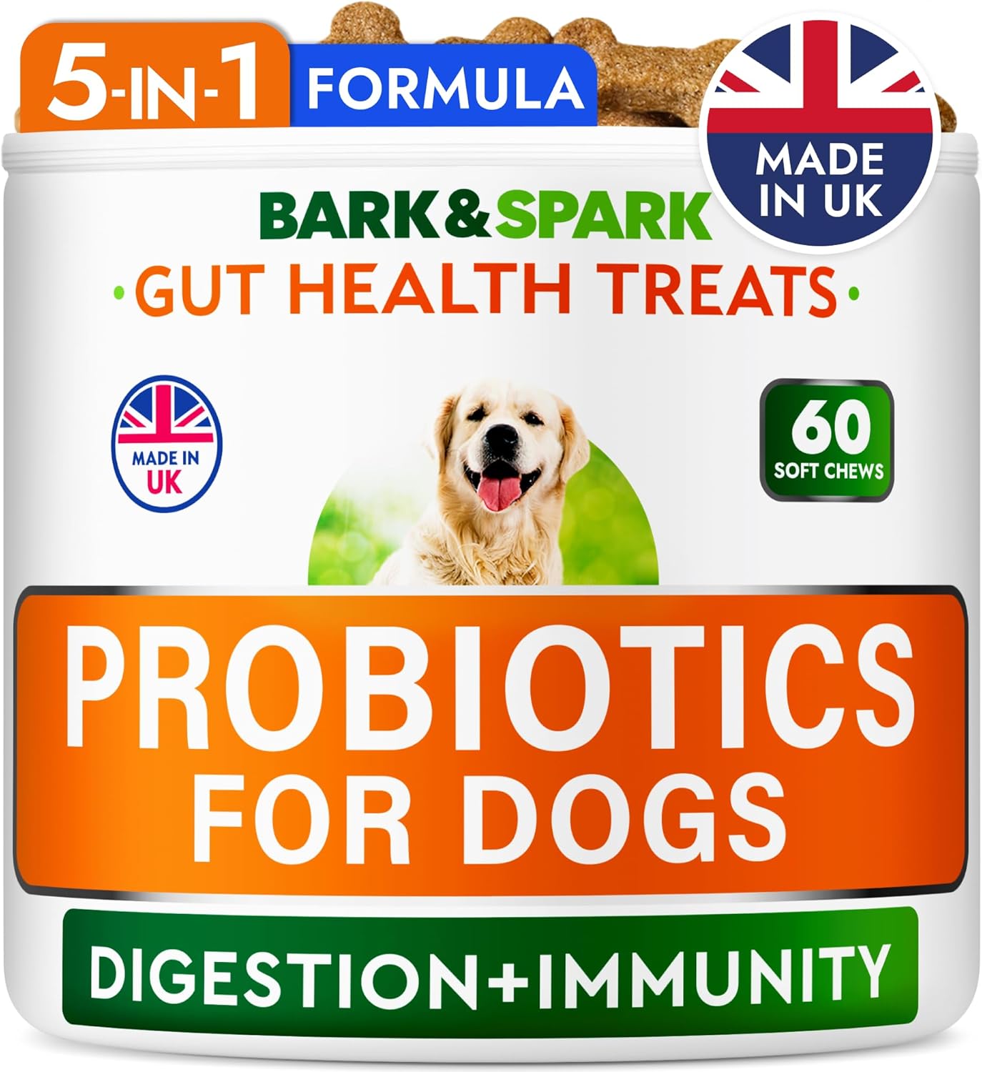 BARK&SPARK Vet Strength Dog Probiotics for Gut Health & Digestive Enzymes - Gas, Diarrhea, Constipation Chewables - Allergies Itchy Skin - Dogs Digestive Health - 60 Count (Pack of 1) Lamb