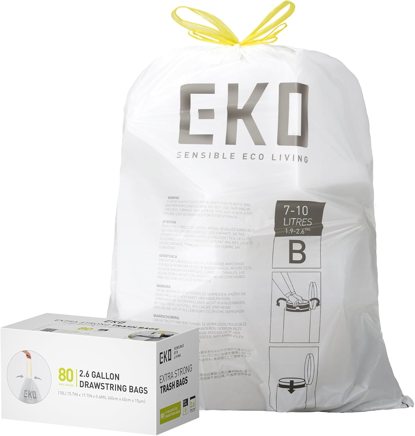 EKO Easy-Dispense Roll 80 Count Extra-Strong Drawstring Small Bin Liner, Trash Bag (7-10L) 1 Pack White, Code B