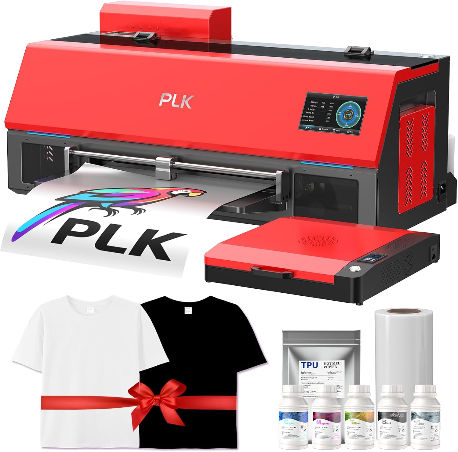 PLK A3 Plus DTF Printer, XP600 DTF Printer,Double-Speed Than L1800/L805, 4.5'' Touch Screen, Auto-Clean, Dual White Ink System, Film-Cutter, Apparel Printing Machine, 2-Year Ink Included