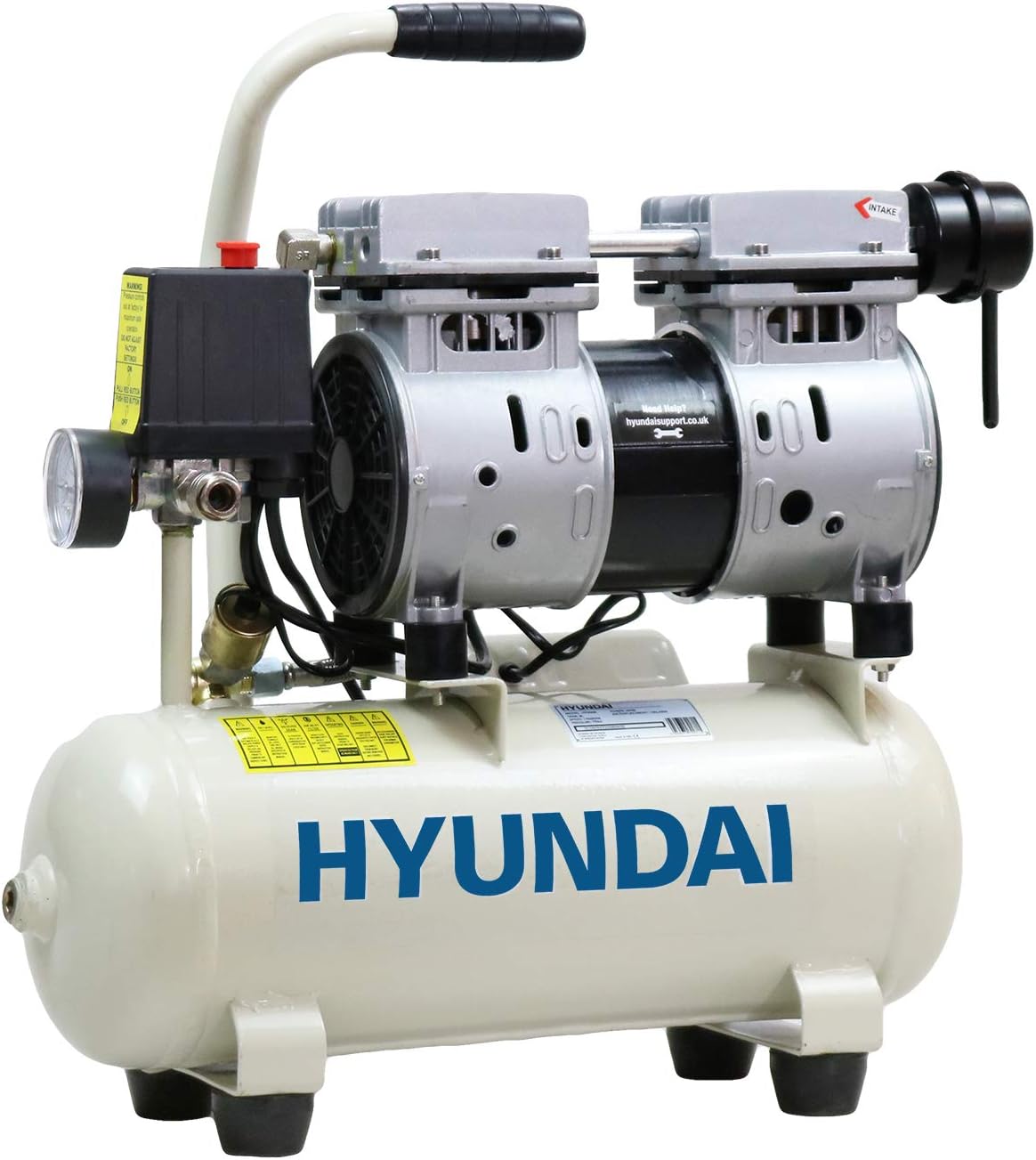 Hyundai Low Noise Electric Air Compressor - 550W, 4CFM, 100PSI, Oil Free, 8L Tank, 2 Year Warranty, Quick Release Fittings, UK 13 Amp Plug, White