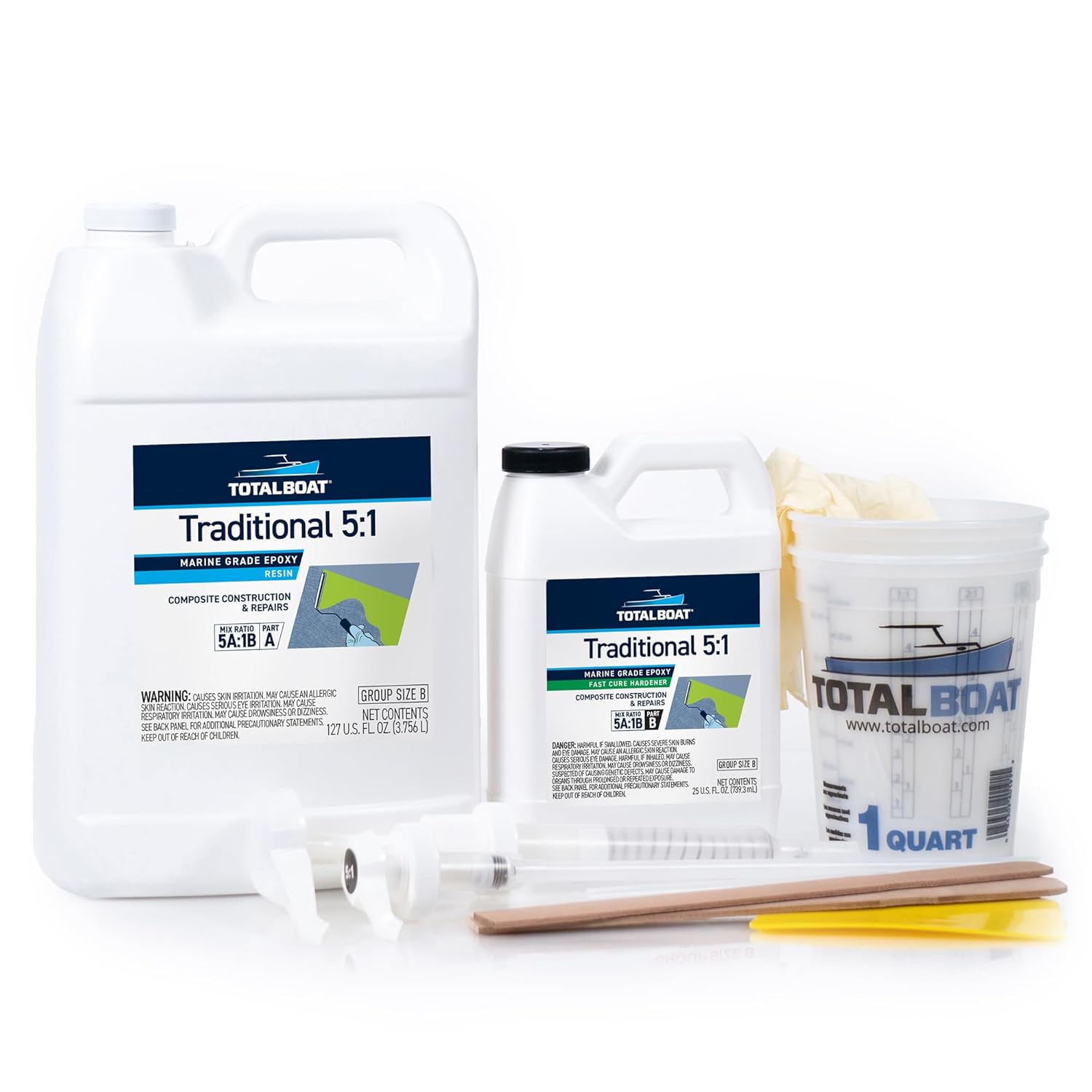 TotalBoat 5:1 Marine Epoxy Resin Kit for Bonding, Filleting, Coating, and Laminating - Use for Fiberglass, Wood, Carbon Fiber, Boat Building, Repairs, Woodworking (Gallon, Fast Hardener, Pumps)