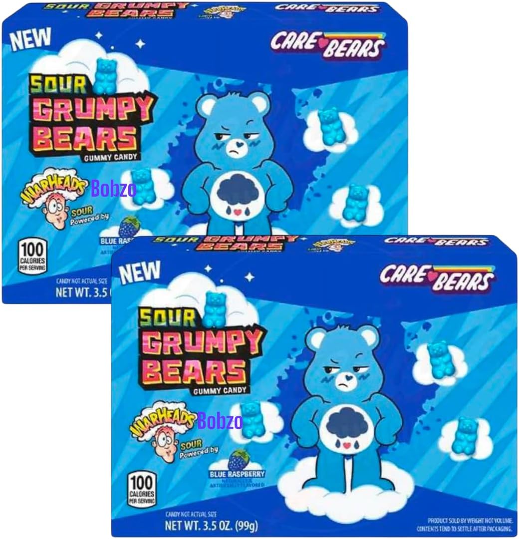 Bobzo Warheadss Care Bears Sour Grumpy Bears Candy - Blue Raspberry Flavor - 3.5 oz Theater Boxes (2 Pack) - Sour Gummy Bears for Kids & Adults - 90’s Nostalgia Meets Extreme Sour Delight