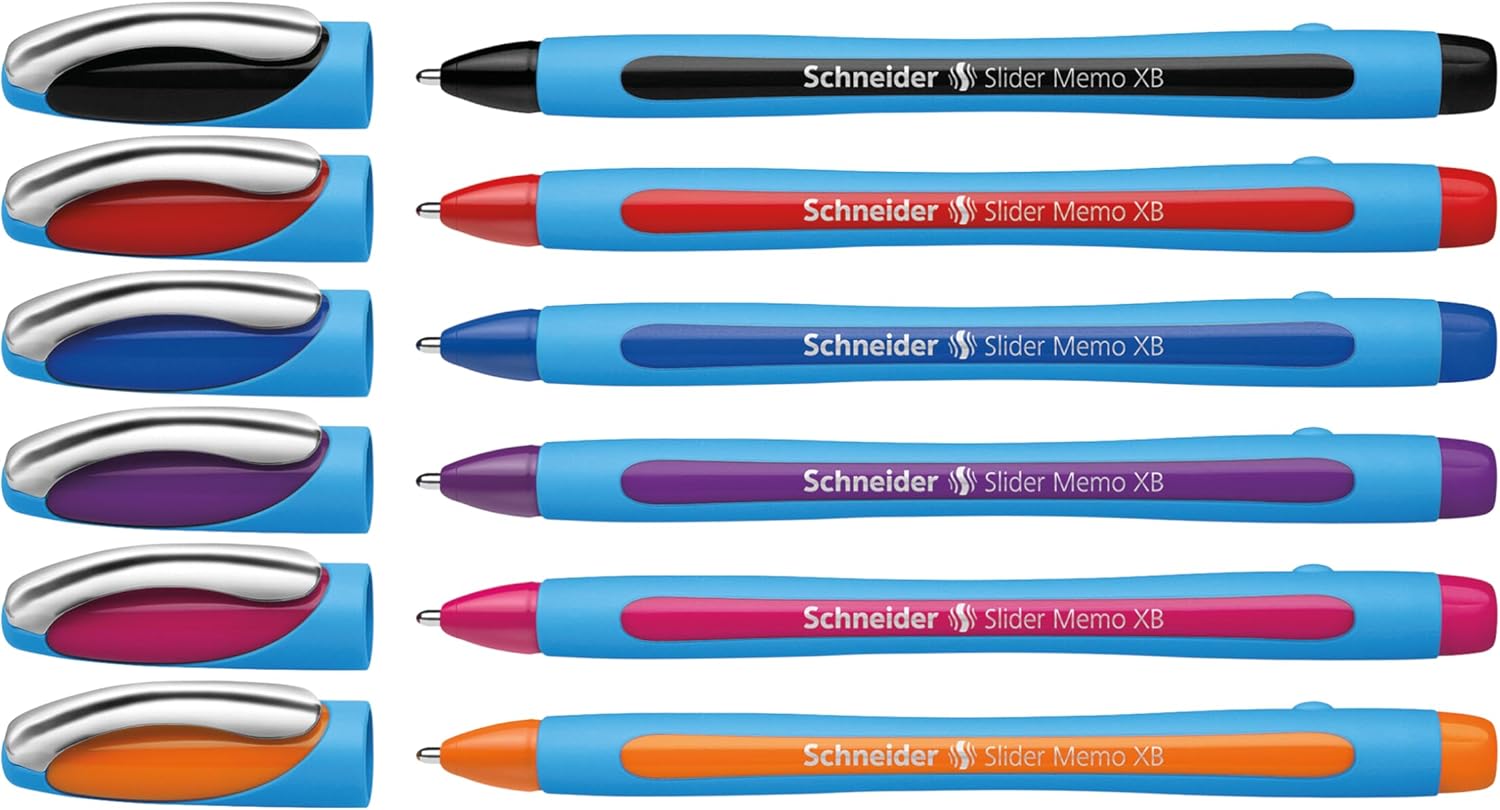 Schneider Slider Memo XB (Extra Broad) Ballpoint Pen, 1.4 mm, Light Blue Barrel, Assorted Ink Colors, Pack of 6 Pens: Black, Red, Blue, Violet, Pink, Orange (150296)