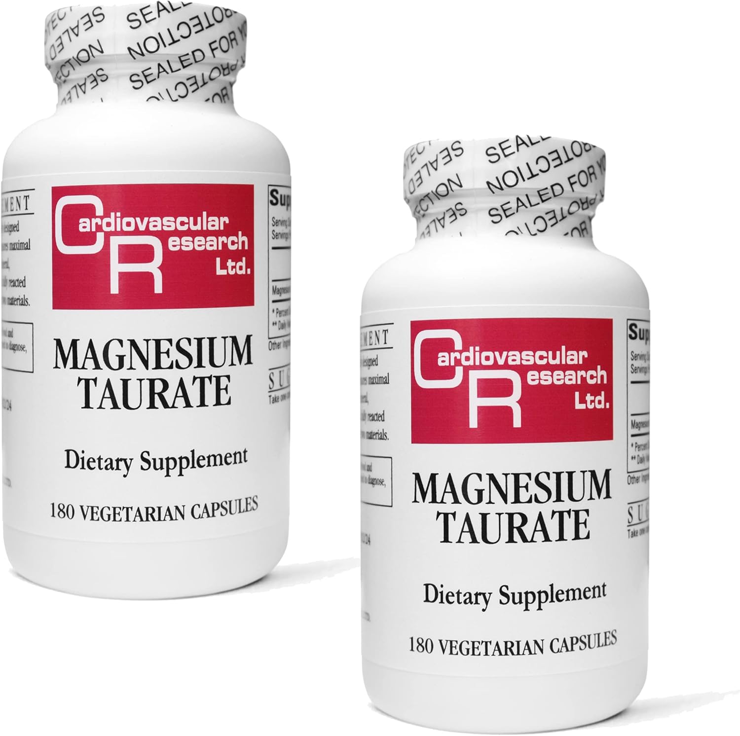 Cardiovascular Research Magnesium Taurate - 125 mg Elemental Magnesium - 180 Veggie Caps in Each Sealed Bottle - 2 Bottles - 360 Vegetarian Capsules