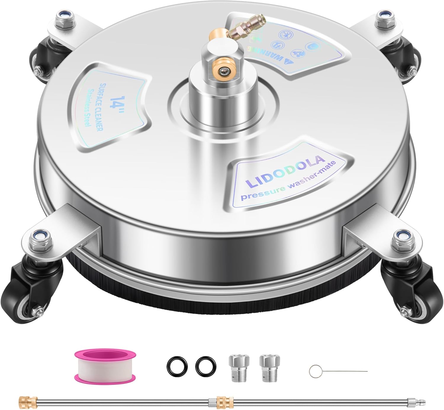 14" Pressure Washer Surface Cleaner with 4 Wheels - Stainless Steel Surface Cleaner for Pressure Washer Attachment for Concrete, Patio, Sidewalk, Deck and Driveways - PWS14