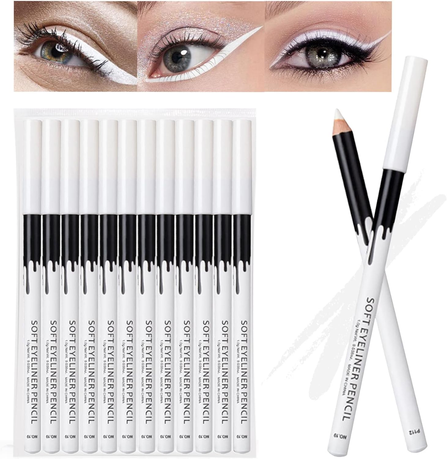 12PCS Erinde White Eyeliner Pencil, Soft Highlighter Gel Eyeliner Pencil, Eye Liner Pen, Professional Eye Bighten Eyeshadow Waterproof Matte Hypoallergenic, Easy to Colour, Skin Marker Pen
