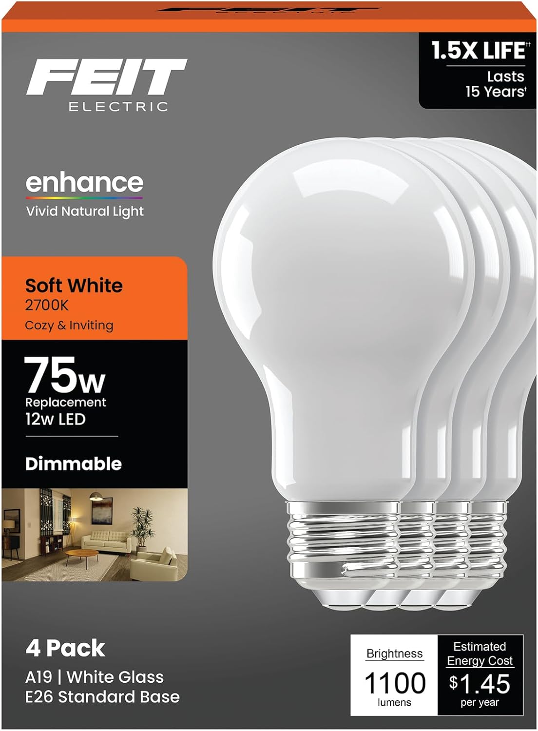 Feit Electric A19 LED Light Bulb, 75W Equivalent, 2700K Soft White, Dimmable, 1100 Lumens, 12W, E26 Base, 90+ CRI, General Purpose LED Light Bulbs, 17,000-Hour Lifetime, A1975/927CA/FIL/4/GB, 4 Pack
