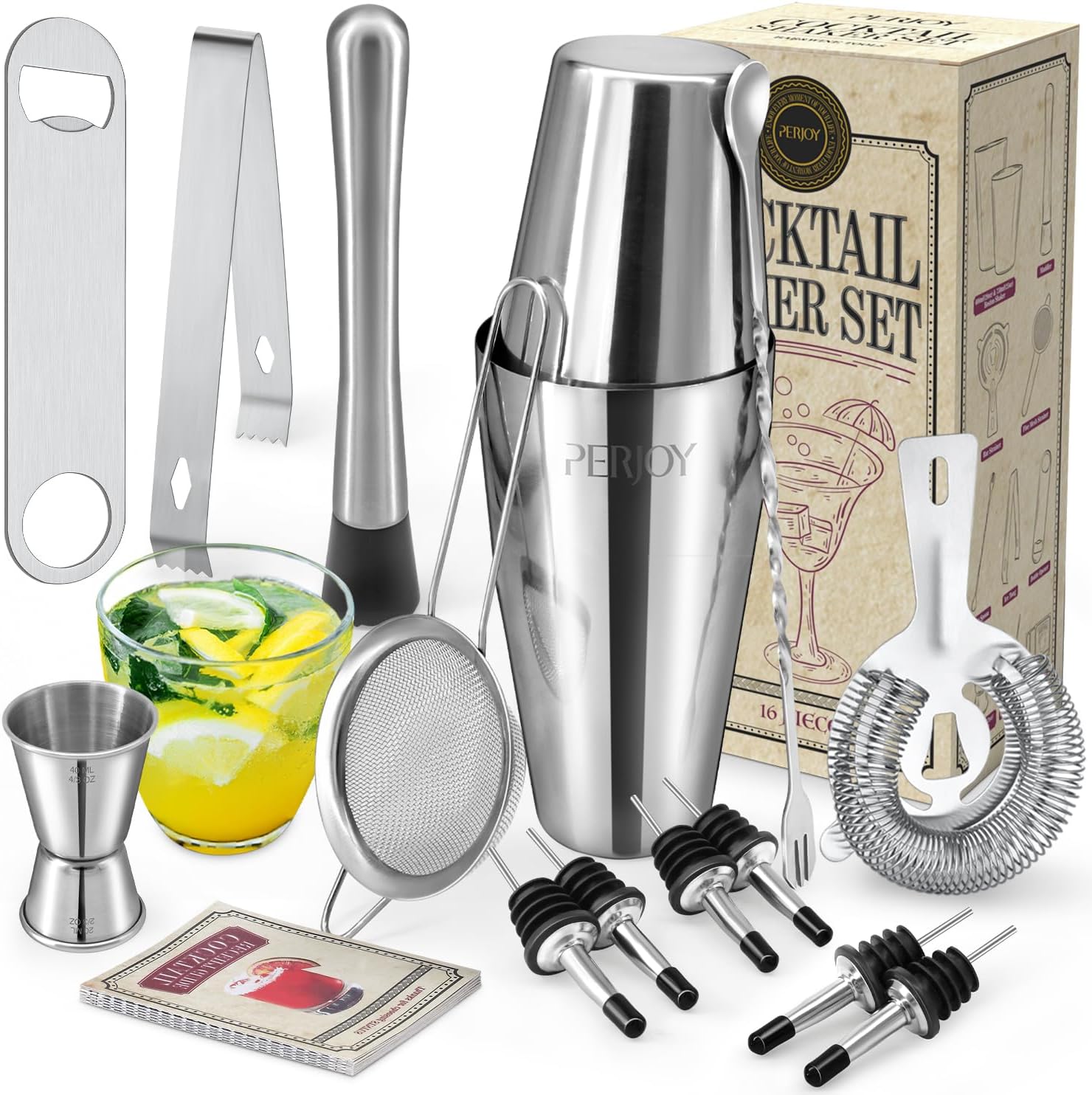 Perjoy 16 Piece Cocktail Shaker Set, Stainless Steel Bar Accessories for Home Pub, Boston Shaker Gift Set