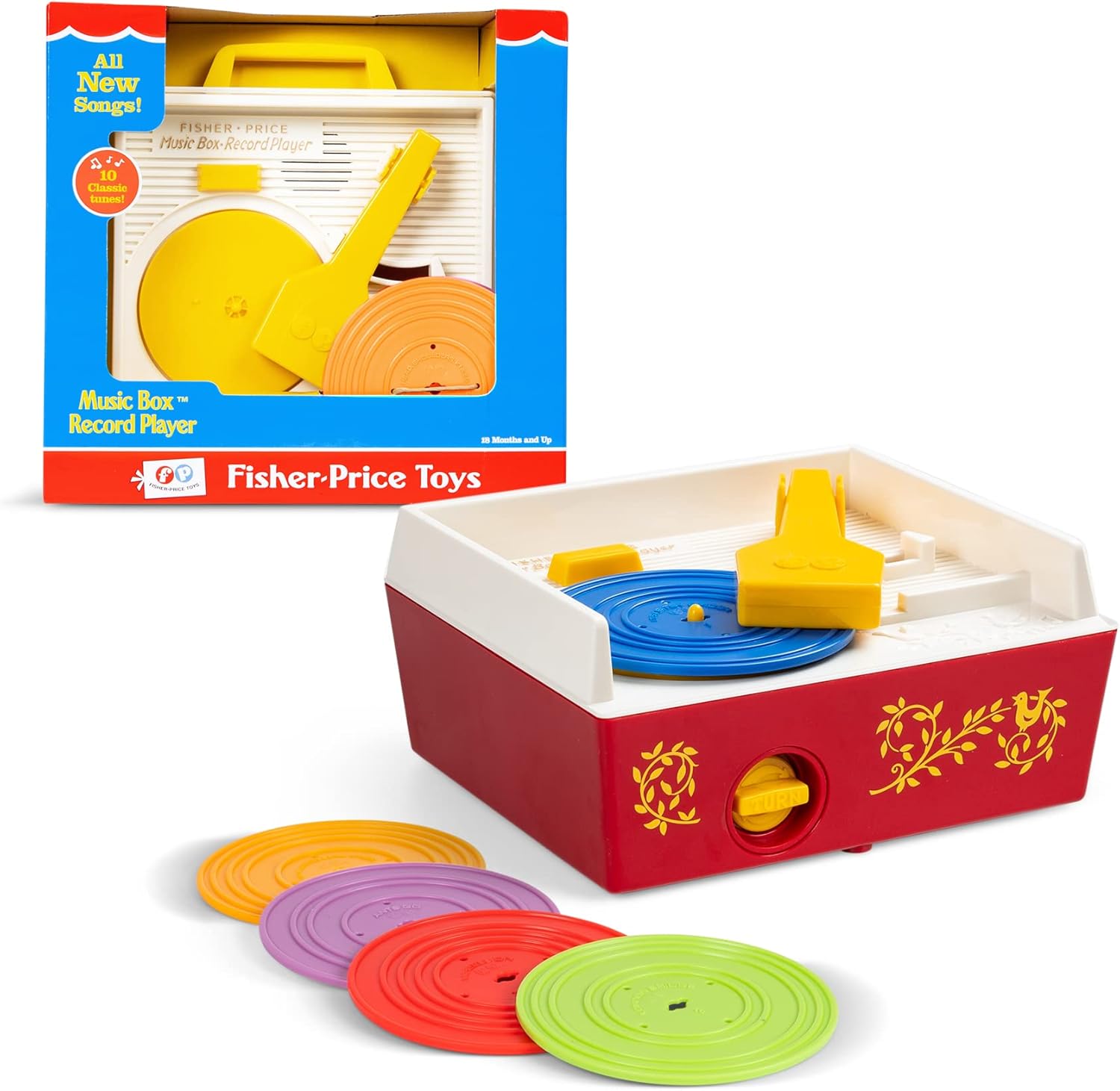Fisher-Price Classics | Music Box Record Player | Baby Musical Toy, Baby Interactive Toy, Classic Toy with Retro Style Packaging, Pretend Play Toys for Boys and Girls Ages 18 Months+ | Basic Fun 1697