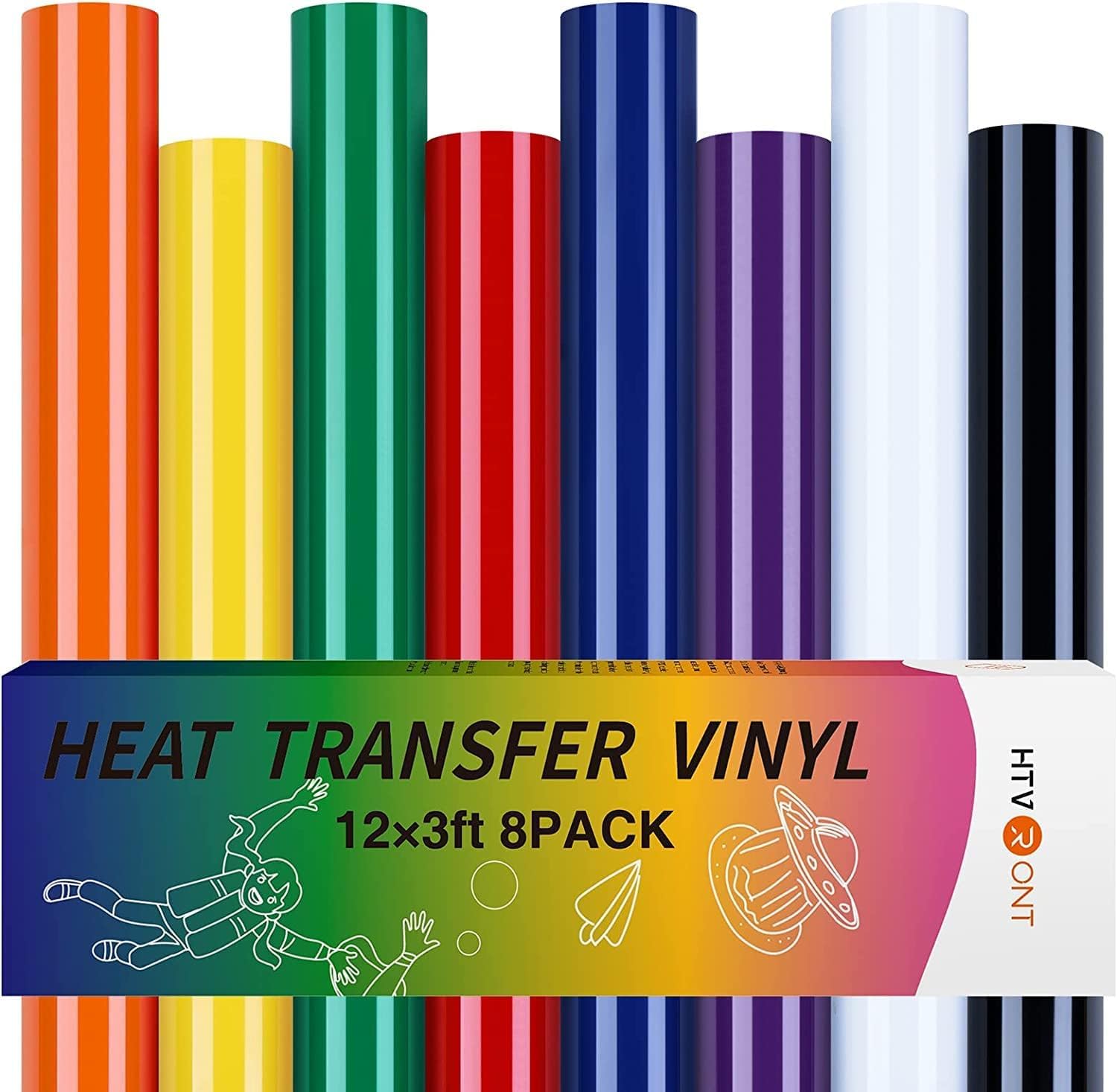 HTVRONT Heat Transfer Vinyl Roll- 8 Roll 12" x 3FT(30.5x91CM)/Roll HTV Vinyl, Iron on Vinyl for T-Shirts, Logo,Hat,Fabric,Vinyl Bundle with 8 Colors