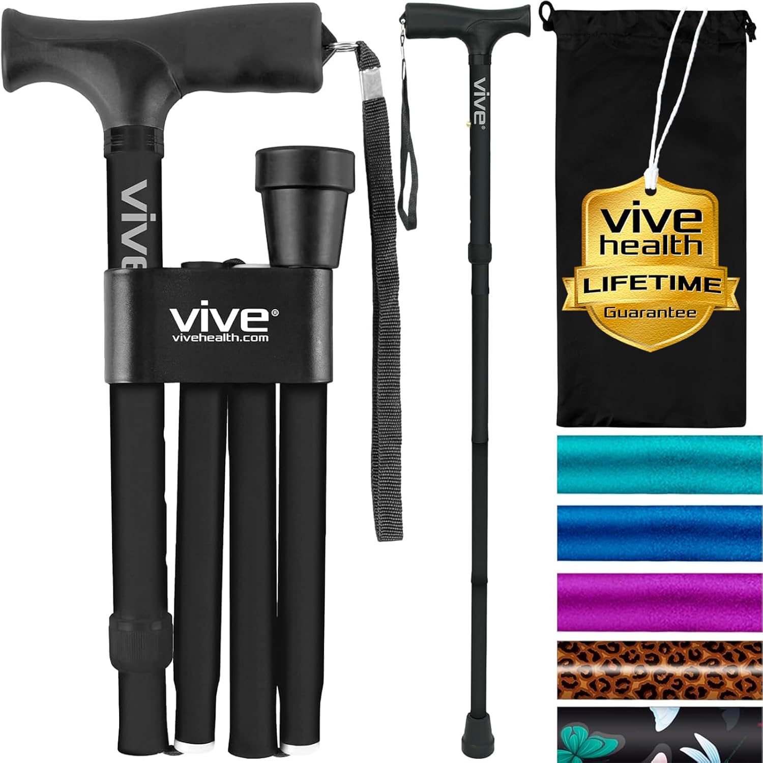 Vive Folding Cane - Foldable Walking Cane for Men, Women - Fold-up, Collapsible, Lightweight, Adjustable, Portable Hand Walking Stick - Balancing Mobility Aid - Comfortable Ergonomic Handle