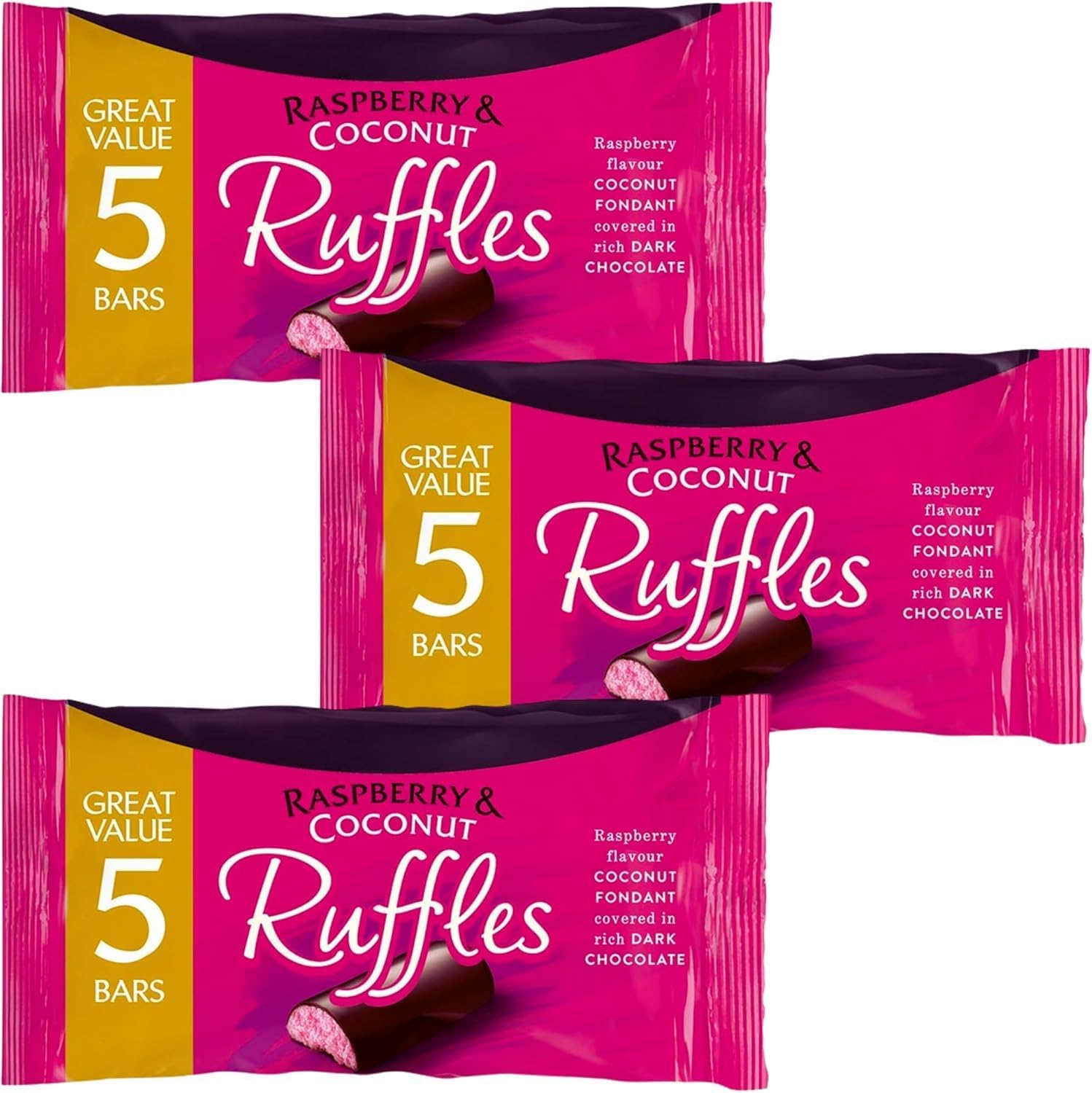 Chocolate Ruffle Bundle Consisting of Raspberry & Coconut Ruffles 5 bars 130g (3 Pack)