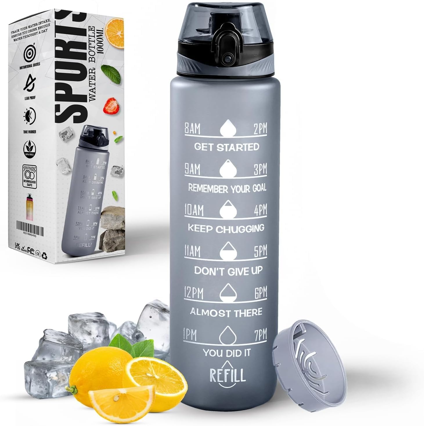 Roe Tenpo Water Bottle 1L, Sports Water Bottle with Time Markings, BPA-Free, Leak-Proof Drinks Bottle, Perfect for Running, Cycling, Gym, Yoga, Camping and Outdoor Activities