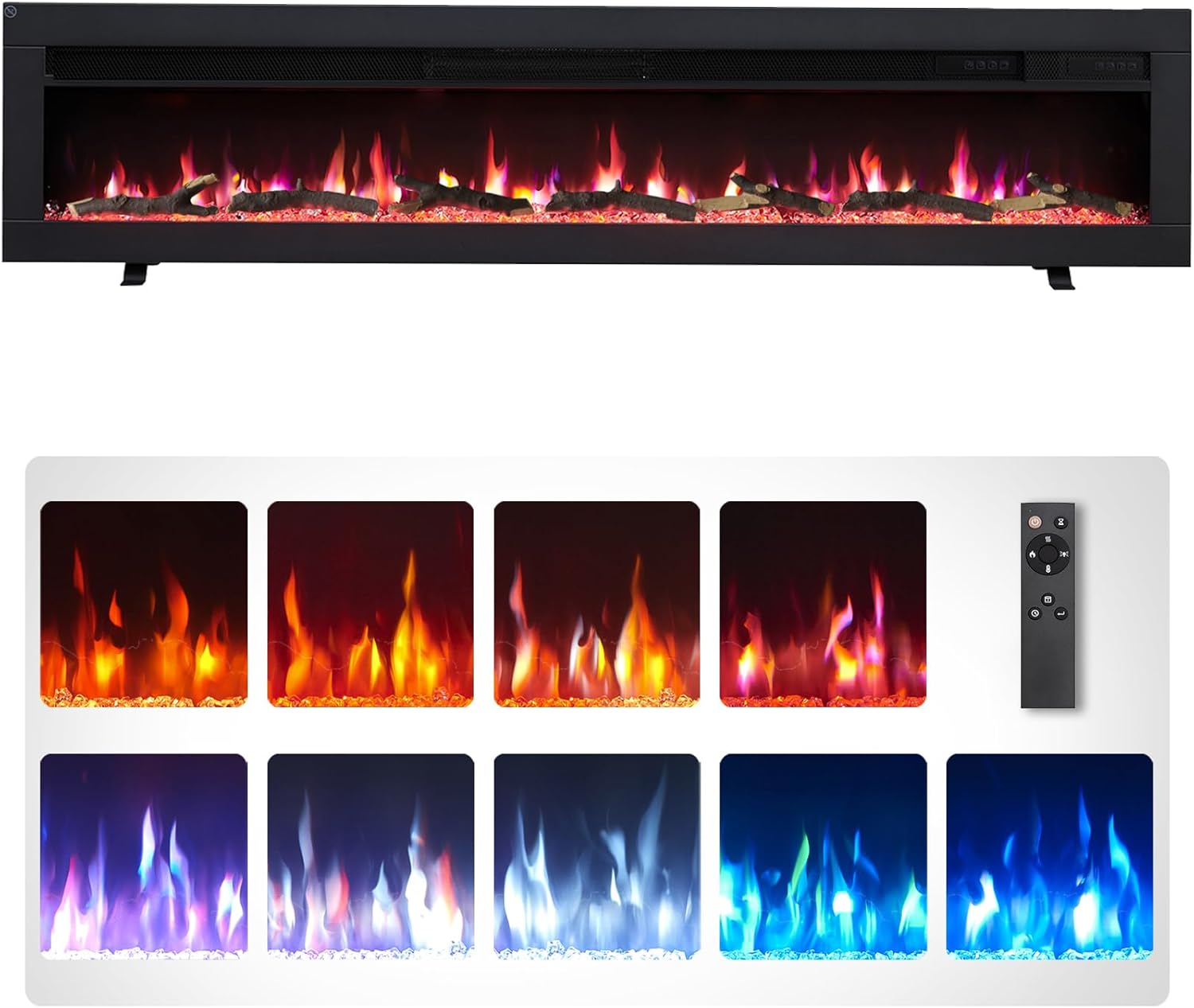 FlameKo Dilton 60"/152cm 3 in 1 Electric Fireplace with Logs, Freestanding, Wall Mounted, Recessed, 9 Colour Flame Effect, Media Wall Compatible, 900W - 1800W Heater, Remote Control