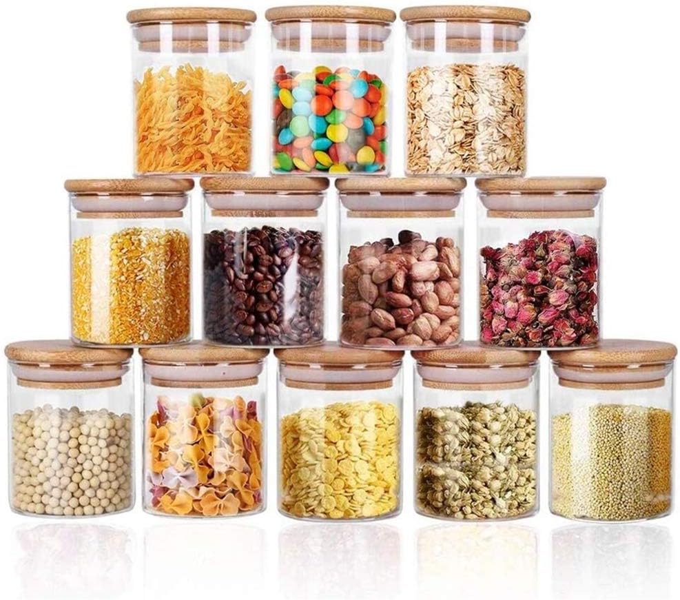 Yibaodan Glass Jars Set 250ml, 12 Set Spice Jars with Bamboo Lids Airtight and Labels Small Food Cereal Storage Canister for Home Kitchen Tea Herbs Coffee Flour Herbs Grains