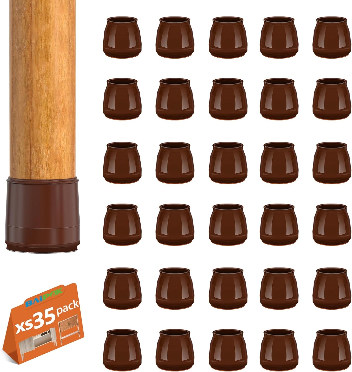 35Pcs Chair Floor Leg Protectors, BAIPOK Silicon Chair Leg Caps for Hardwood Floors, Rubber Furniture Feet Protectors With Stronger Felt Pads,No Noise No Scratches