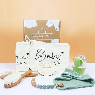 11 Packs Baby Essentials Baby Shower Gifts New Mom Gifts Baby Gifts Gender Neutral - Baby Brush and Comb Set,Baby Nail Clippers,Baby Mama Bag, Baby Bibs, Pacifier Clips and Baby Announcement Sign