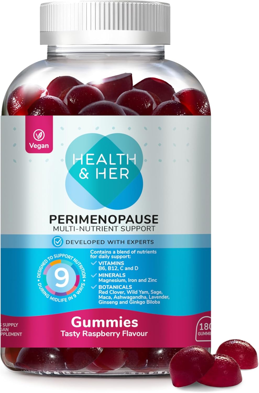Health & Her Perimenopause Gummies - Supplements for Women - Wellbeing Support for The Early Stage of Menopause - 1 Month Supply, 180 Gummies - Vegan & Gluten Free