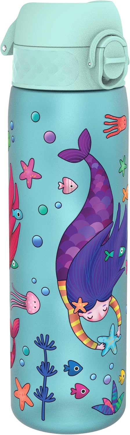 Ion8 Water Bottle, 500ml/18oz, Slim Leak Proof & BPA-Free Drinking Bottle, Secure Lock Prevents Spills, Dishwasher Safe, Carry Handle, Ideal for Adults & Kids - Travel, Gym & School, Mermaids Design