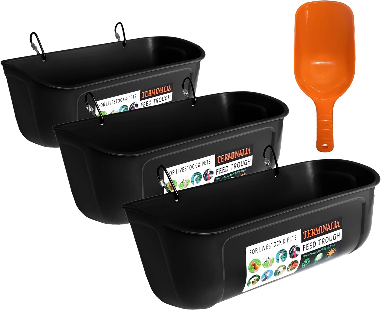 Terminalia 3 Pack Duck Chicken Poultry Hanging Fence Feeder | 8 Quarts in Total | Black｜A Free Feed Scoop Included