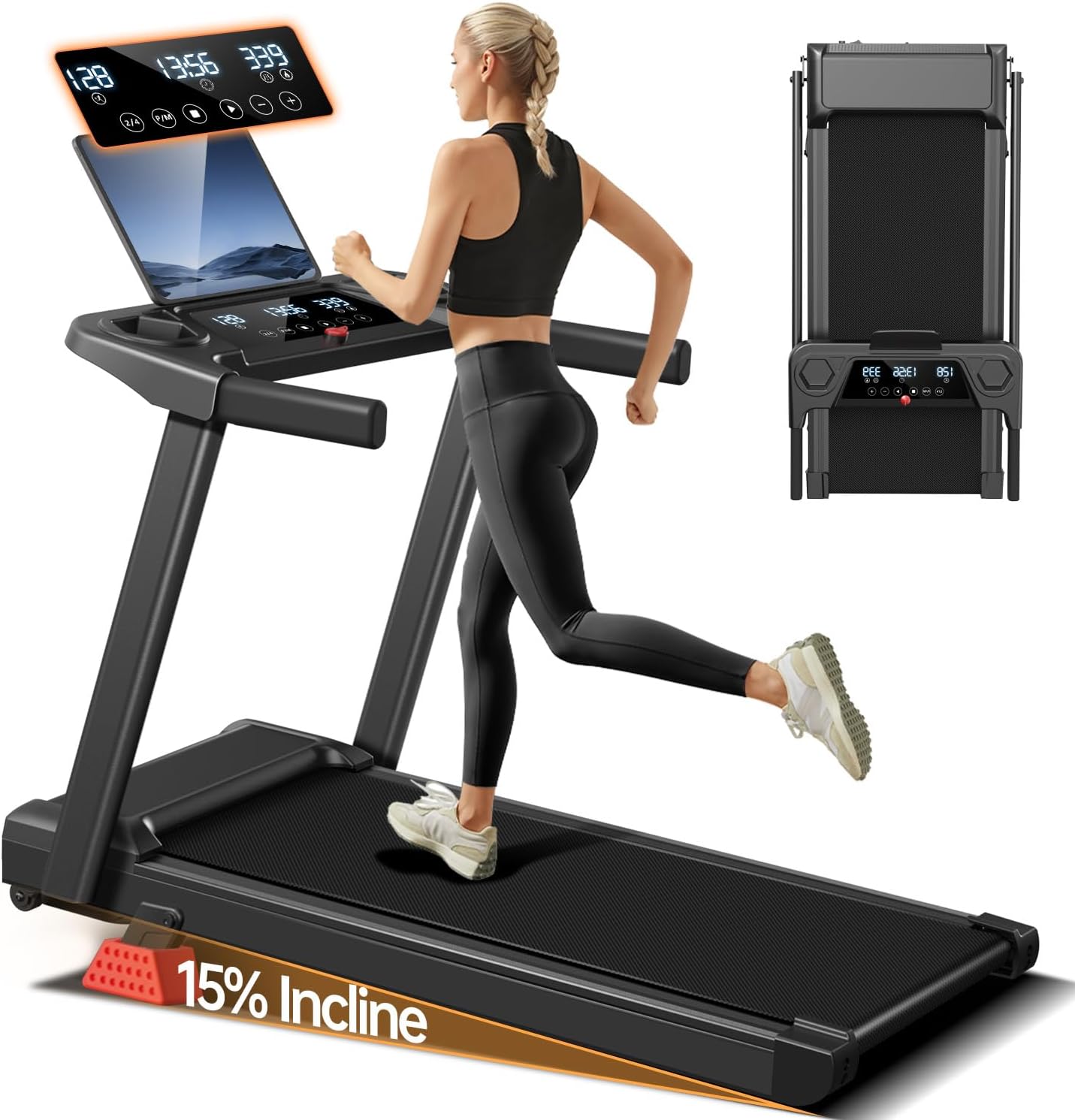 3-in-1 Treadmill,15% Incline Treadmills for Home, Foldable Treadmills with 136 KG Weight Capacity, 3.0HP Quiet Walking Pad Treadmill, Three Touch Screen