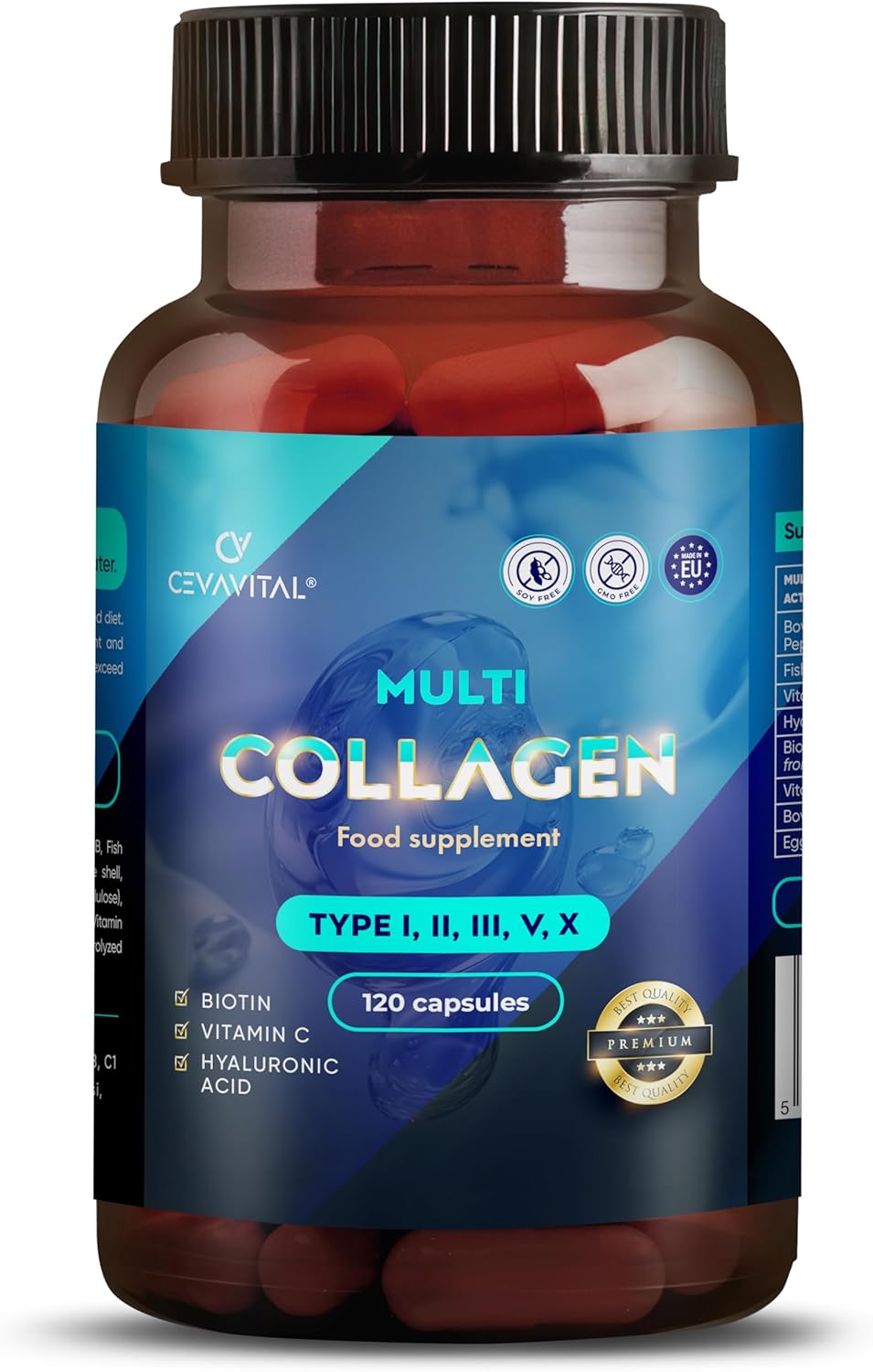 CEVAVITAL Multi Collagen Capsules for Women Men, Type I, II, III, V & X Hydrolyzed Collagen Peptides with Vitamin C and Hyaluronic Acid, Bovine and Marine Collagen Supplement, 120 Capsules