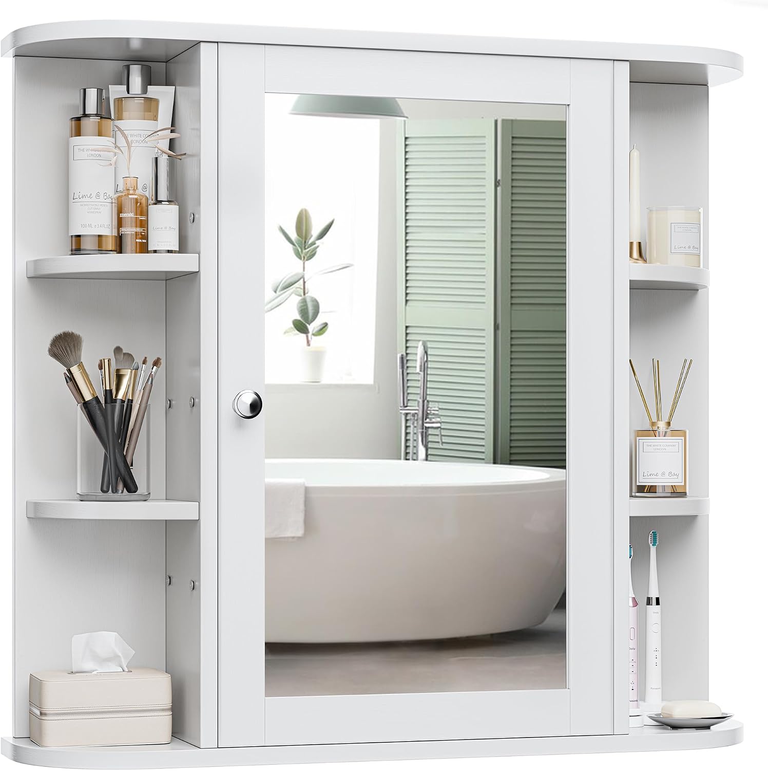 Bathroom Medicine Cabinet, Bathroom Mirror Cabinet Wall Mounted with 6 Side Open Shelves, White Wall Cabinet with Mirror, White