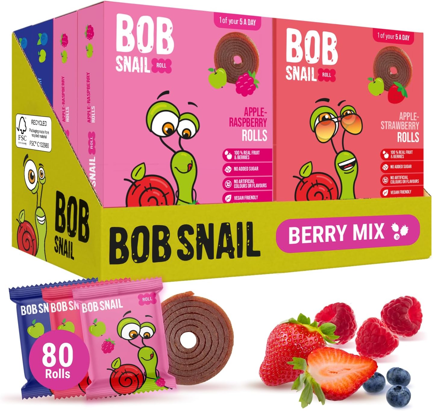 Bob Snail Fruit Roll Ups – Healthy Sweets Snacks, Real Dried Fruits, No Added Sugar, Vegan, Nut Free, Candy for Adults, Kids, with Blueberry, Raspberry, Strawberry – Bulk 80 Pack, 800g