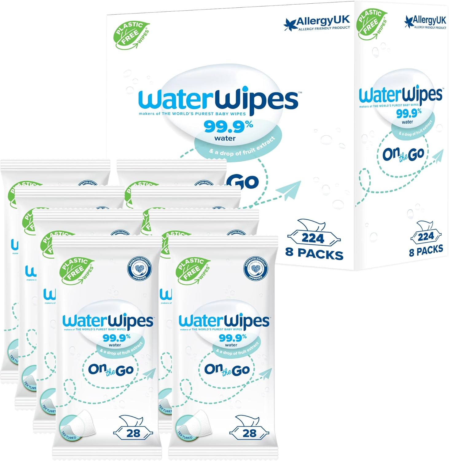 WaterWipes On The Go Wipes, 224 Count (8 Packs), 99.9% Water-Based Wipes for Travel, Sports, and to Refresh Skin, Unscented, Packaging May Vary