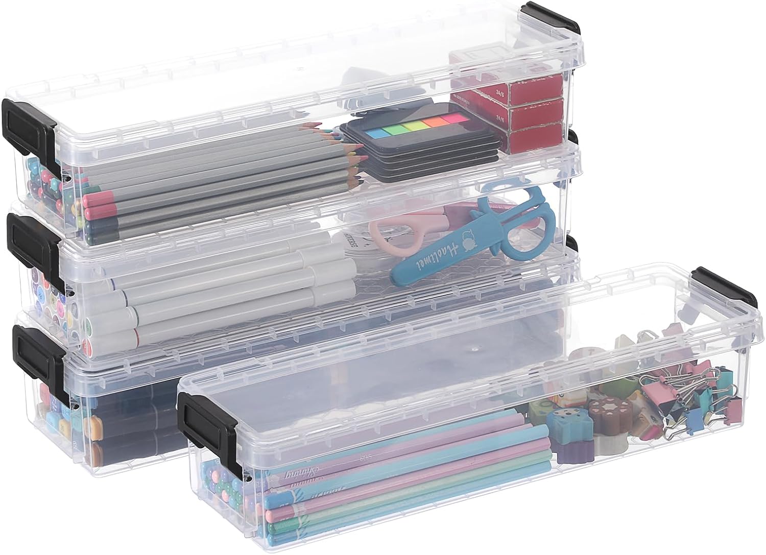 BTSKY 4 Pack Extra Long Plastic Pencil Box- Stackable Stationery Supplies Organizer Box, Clear Plastic Pencil Case, Large Capacity Storage Case for Pens, Markers, Crayons, Art Tools - Black Clip