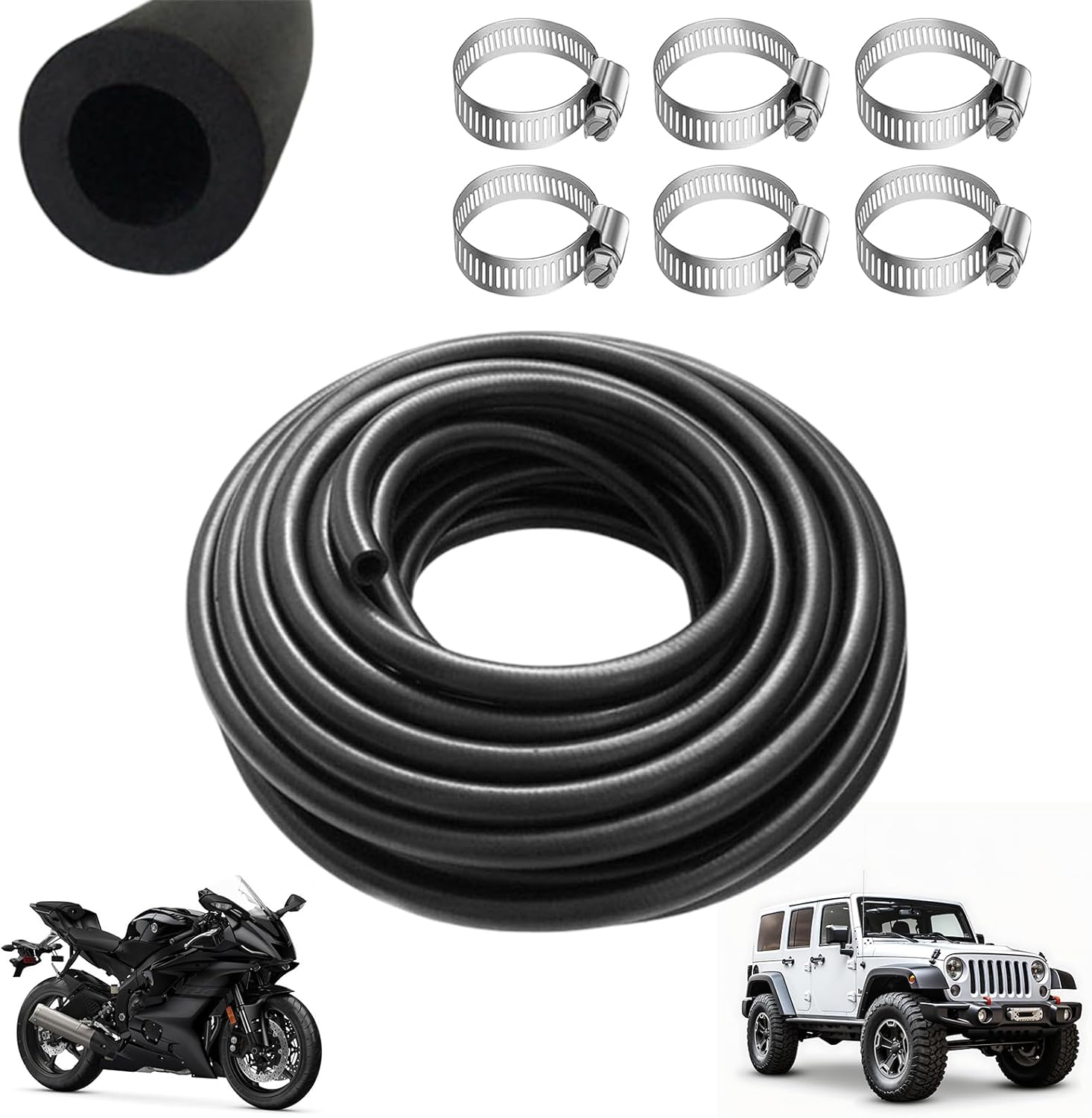 8mm/1.5m Fuel Hose,Fuel Pipe,Fuel Line Hose,Petrol Pipe,Fuel Line Set,High-Temperature Resistant, with 6 Pcs Hose Clamps,for Motorcycle,Trucks,Cars,Tractors and Small Engines