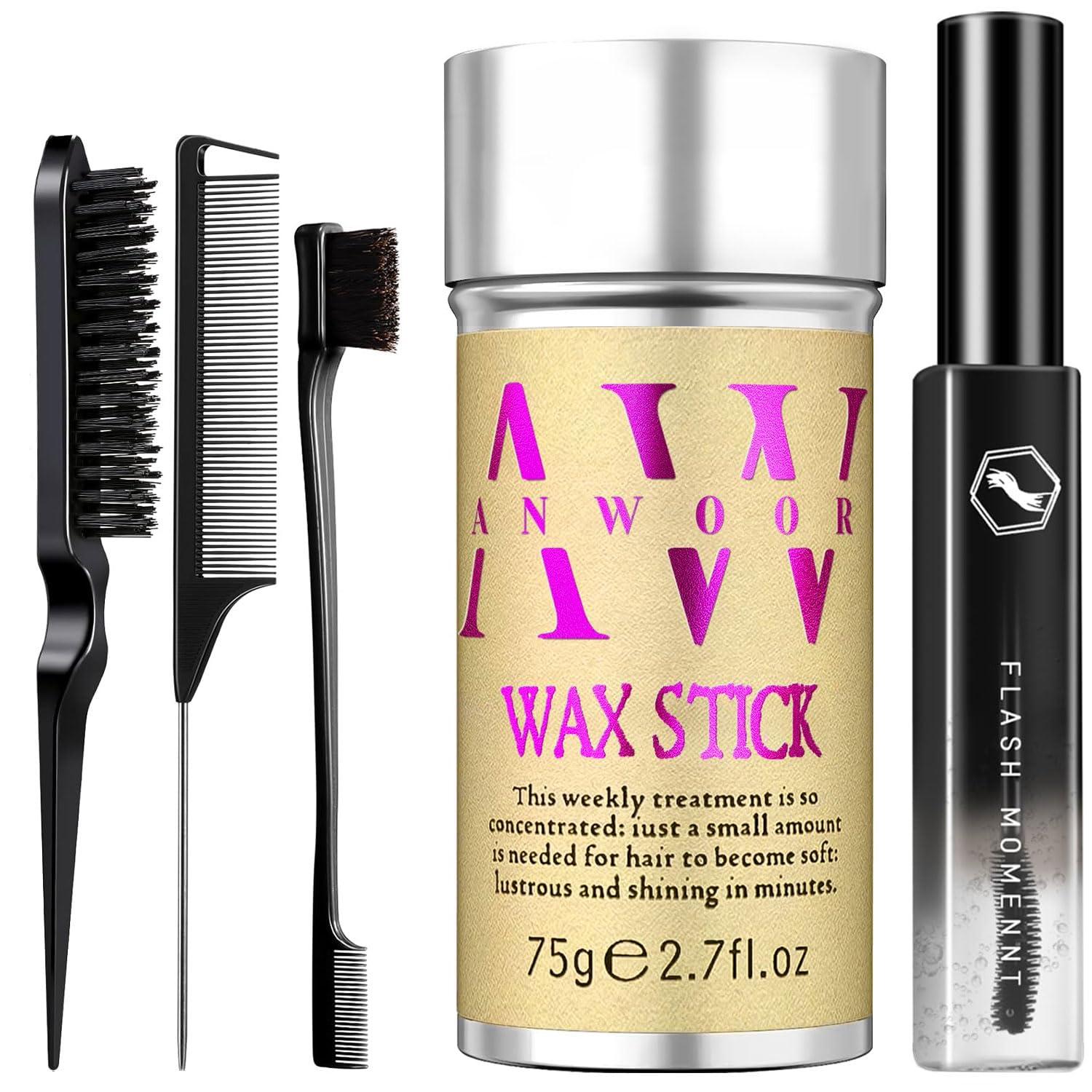 5Pcs Hair Wax Stick & Slick Back Hair Brush, Hair Finishing Stick - Smooths Flyaways, Tames Frizz, Creates Sleek Ponytails & Buns, Defining Edges - Styling Accessories for Women & Kids - All-in-1 Kit