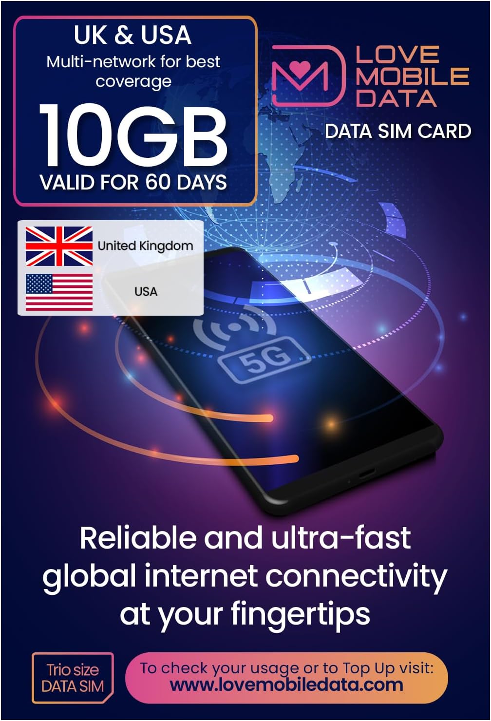 Love Mobile Data Only Sim Card - International Multi-Network 4G/5G Prepaid Pay As You Go Data Sim for Mobile Phones, WiFi Routers, & More, UK & USA Coverage, 10GB for 60 Days