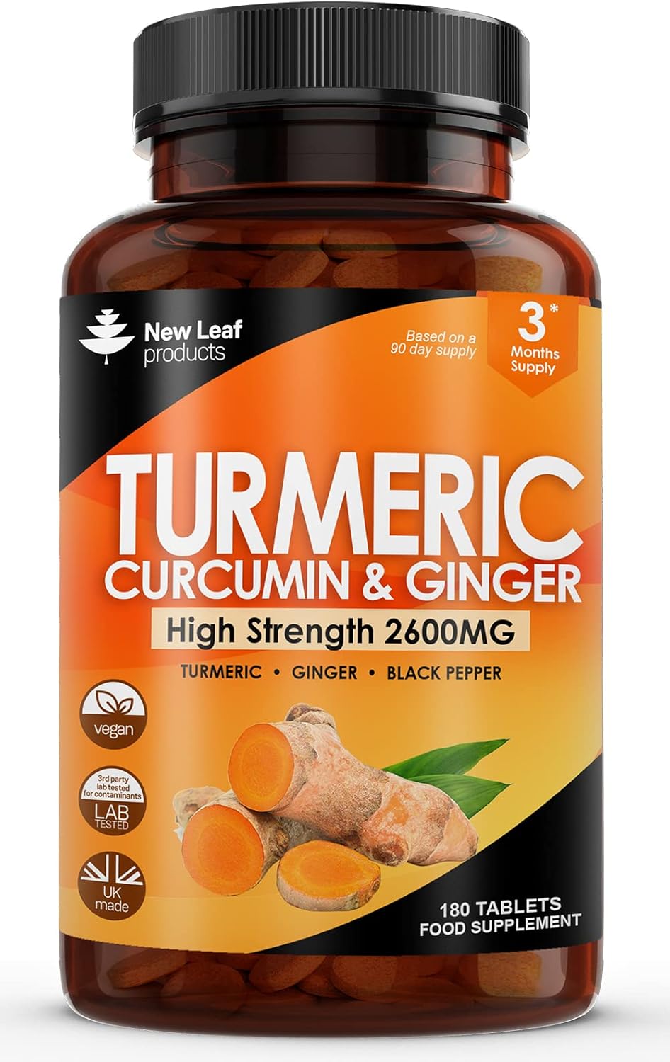 Turmeric Tablets 2600mg with Black Pepper & Ginger - 95% Curcumin Extract 180 and (3 Month) High Strength Active Supplements Not Capsules,by New Leaf