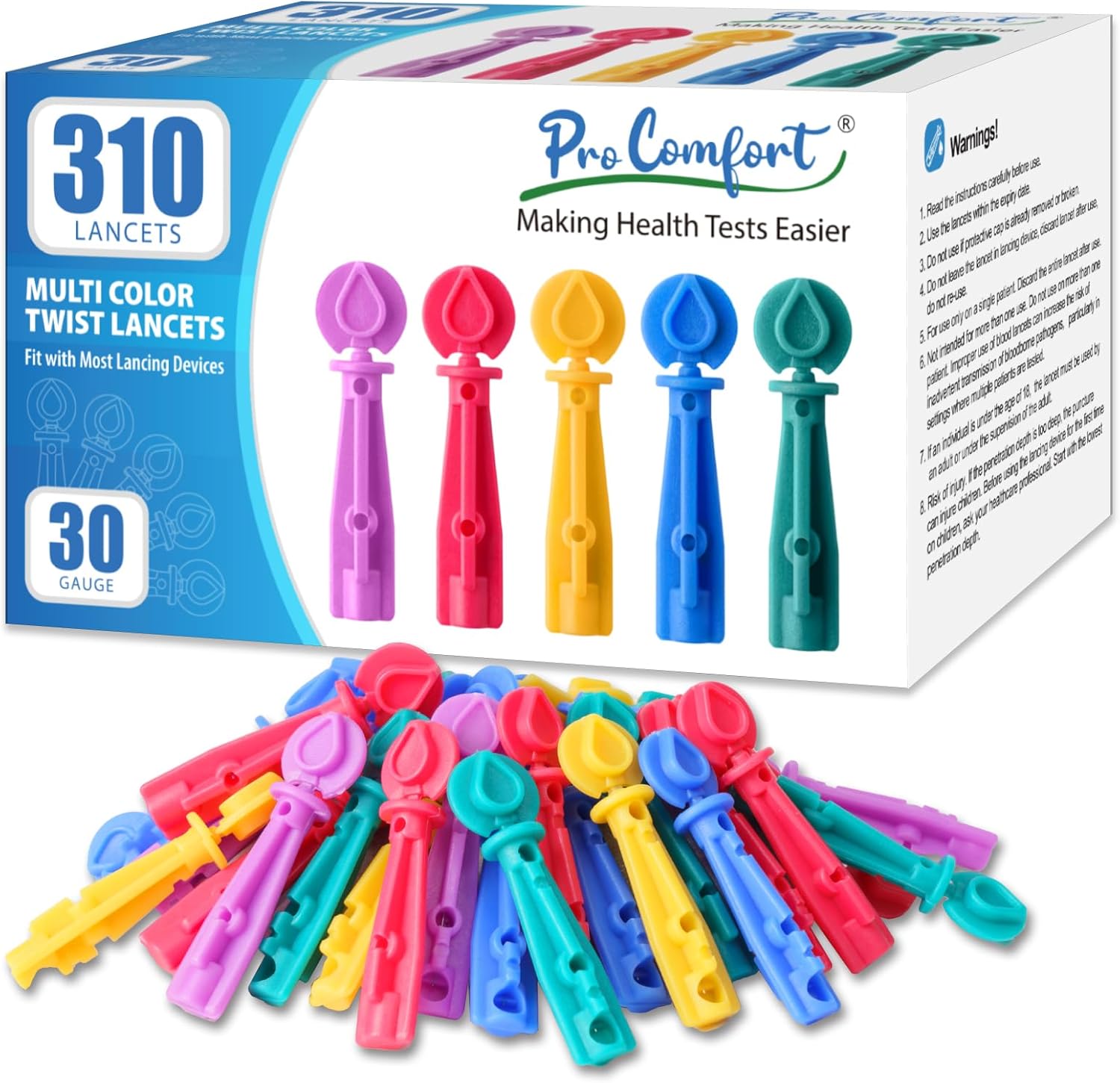 Lancets for Diabetes Testing [310 Count] 30 Gauge Diabetic Lancets for Blood Glucose Testing, Twist Top, Multicolored, Fits Most Lancing Device