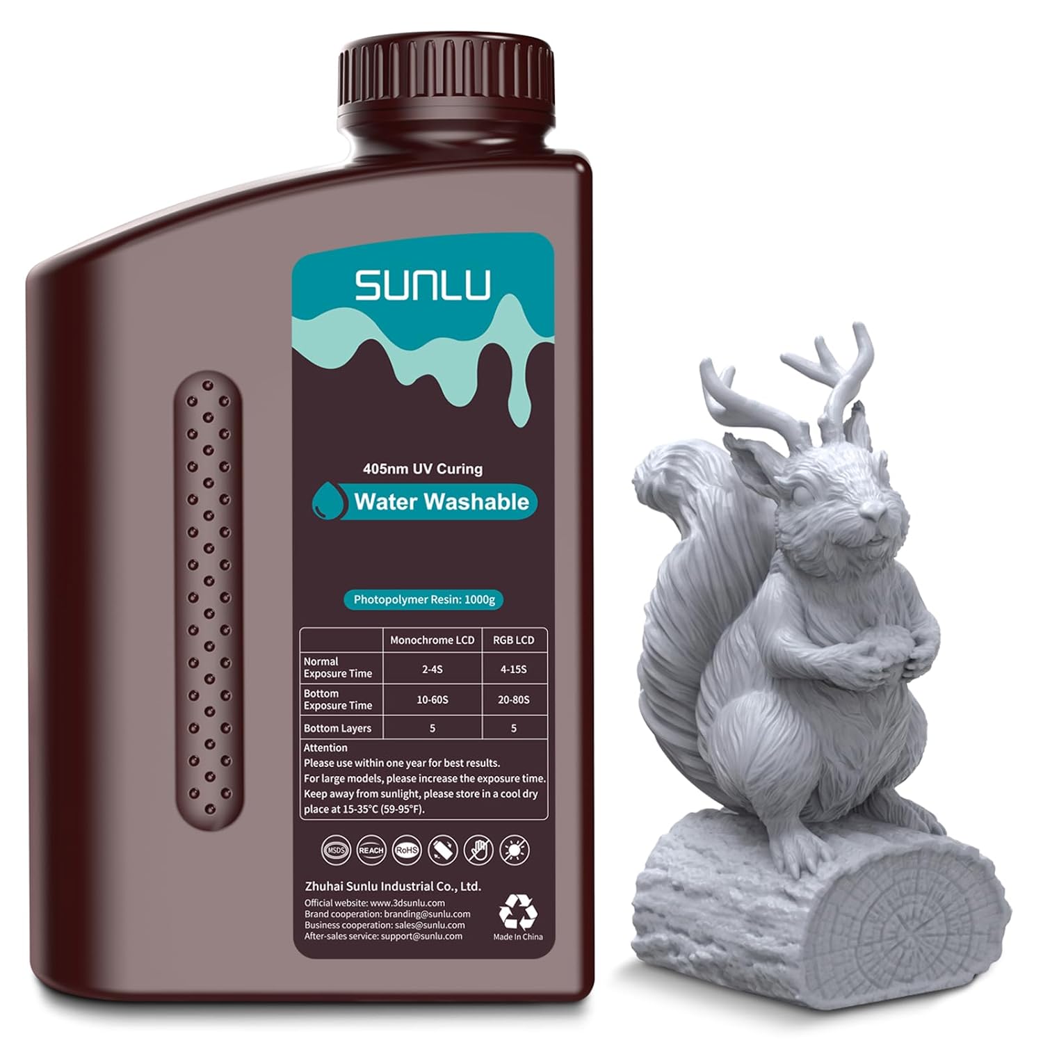 SUNLU Water Washable Resin,Fast Curing 3D Printer Resin for LCD DLP SLA Resin 3D Printers, 395 to 405nm UV Curing 3D Printing Liquid Photopolymer Resin, Low Shrinkage, High Precision, 1kg, Grey