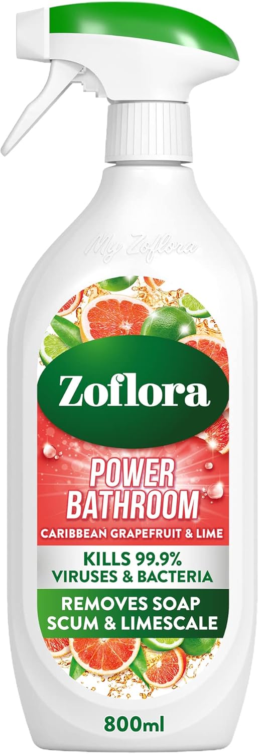 Zoflora Caribbean Grapefruit & Lime Power Bathroom Cleaner, 1 x 800ml, Removes Soap Scum & Limescale, Antibacterial Multi-Surface Bathroom Spray, Kills 99.9% of Bacteria & Viruses