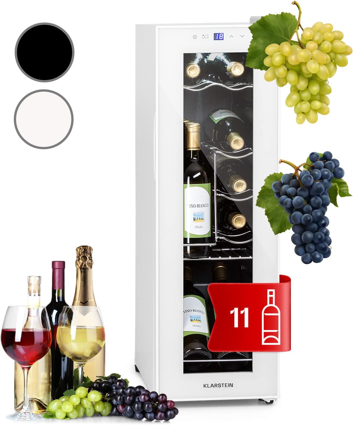 KLARSTEIN Shiraz Wine Cooler White – 12 Bottles, 32 L, 1 Zone | Freestanding Wine Fridge with Glass Door, Quiet, 5–18 °C, LED, Stainless Steel Frame