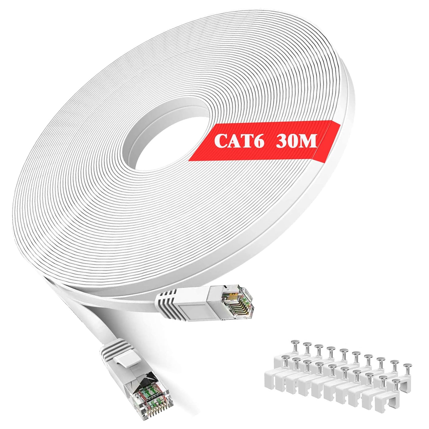 Cat 6 Ethernet Cable 100 ft White - Flat Internet Network LAN Patch Cords – Solid Cat6 High Speed Computer Wire with Clips& Snagless Rj45 Connectors for Modem, Router – Faster Than Cat5e/Cat5