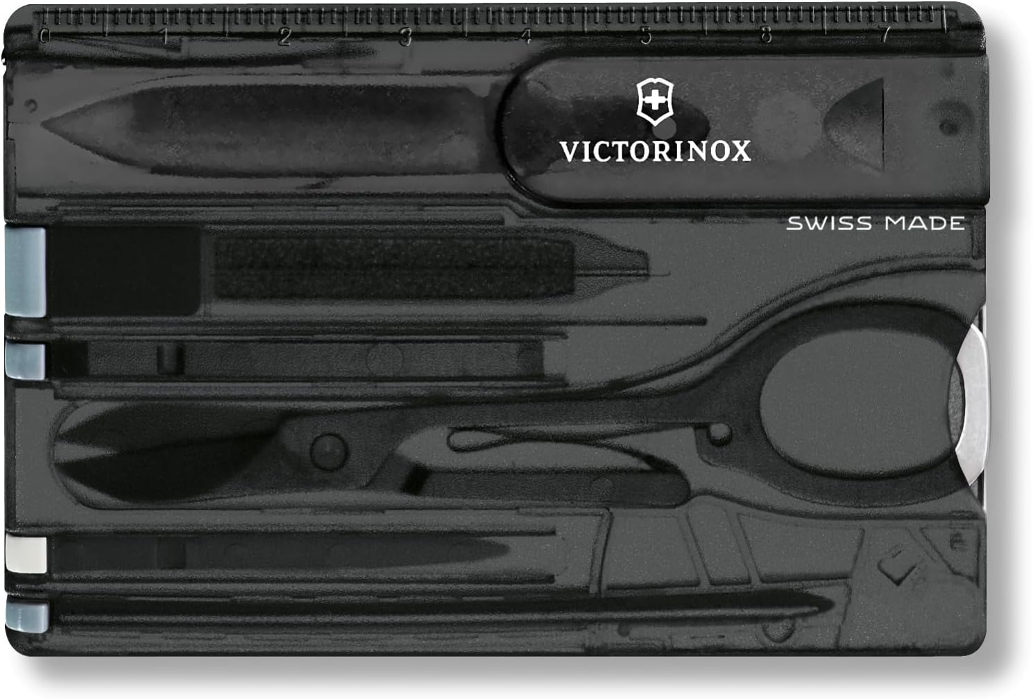 Victorinox Swiss Card, Swiss Army Card Knife, Multi Tool Credit Card Size, 10 Functions, Pen, Scissors, Black Transparent