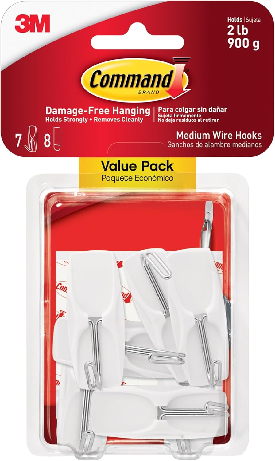 Command Wire Toggle Hook, Value Pack - 7 Hooks (Medium, White), 8 Adhesive Strips - Removable Hanging Hook for Various Surfaces - Damage Free Hanging