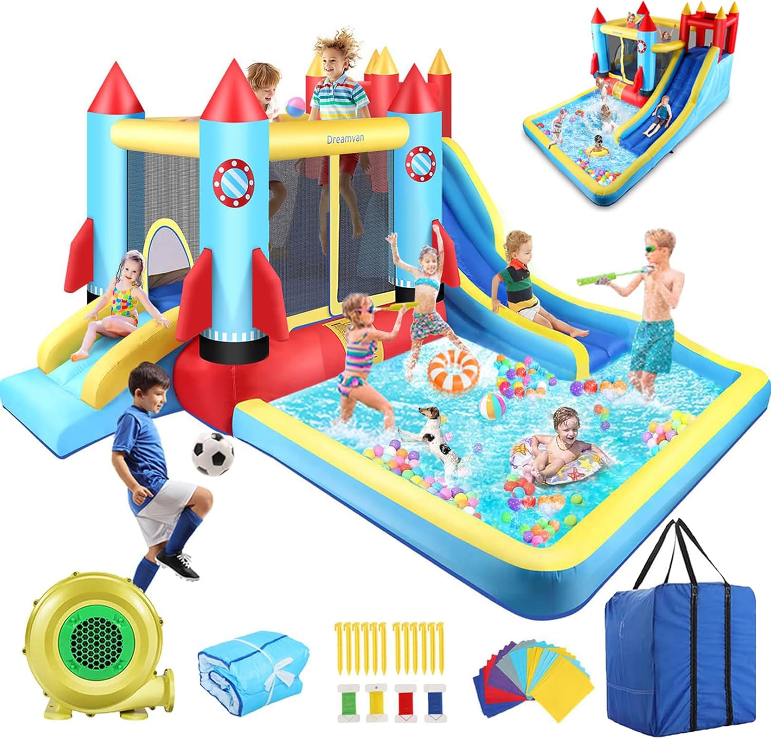 AKEYDIY Bounce House Water Slide Rocket Blast- 13X12ft Inflatable Water Slides Park for Kids 3-12, Large Adventure Water Park W/Pool,Climbing Wall,Bouncer Area/Water Bounce House for Kids Backyard