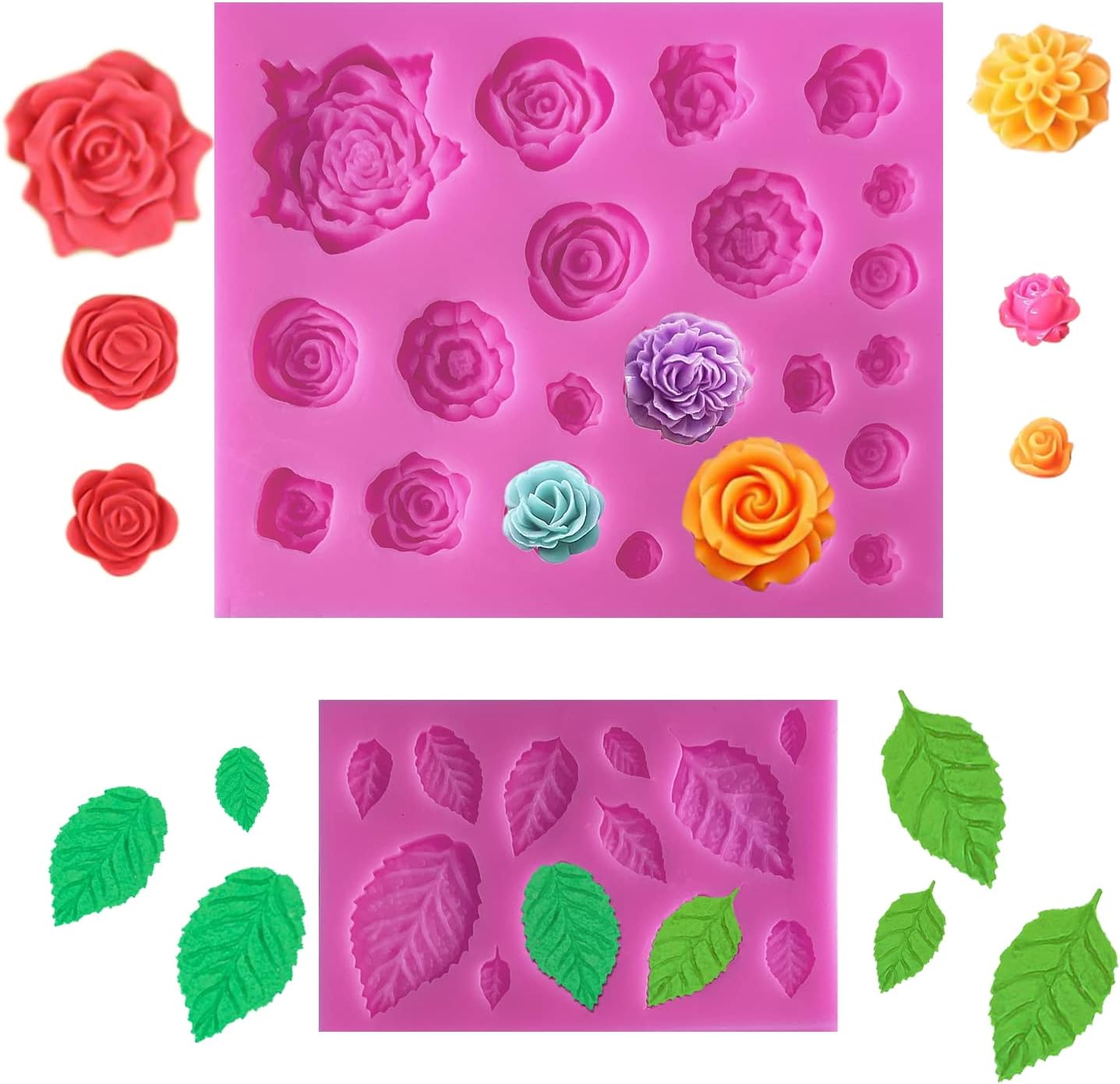 SIENON 33 Cavity Rose Flowers and Leaves Fondant Candy Silicone Molds For Sugarcraft, Cupcake Toppers, Soap, Polymer Clay, Crafting Projects, Wedding and Birthday Cake Decoration