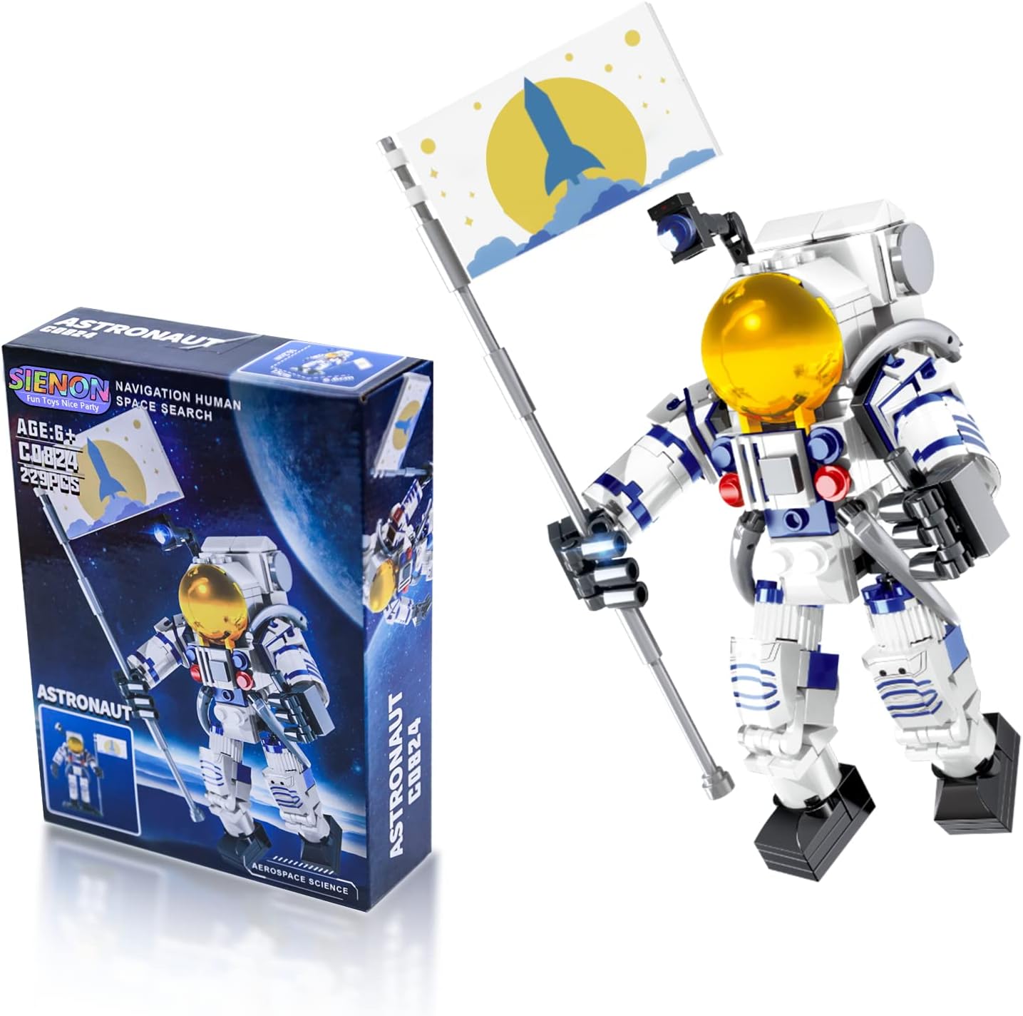 SIENON Astronaut Building Block Toy for Kids and Adults, 229pcs Building Block Spaceman Figure Holding The Flag with Movable Joints, DIY Assembly Construction STEM City Space Kit